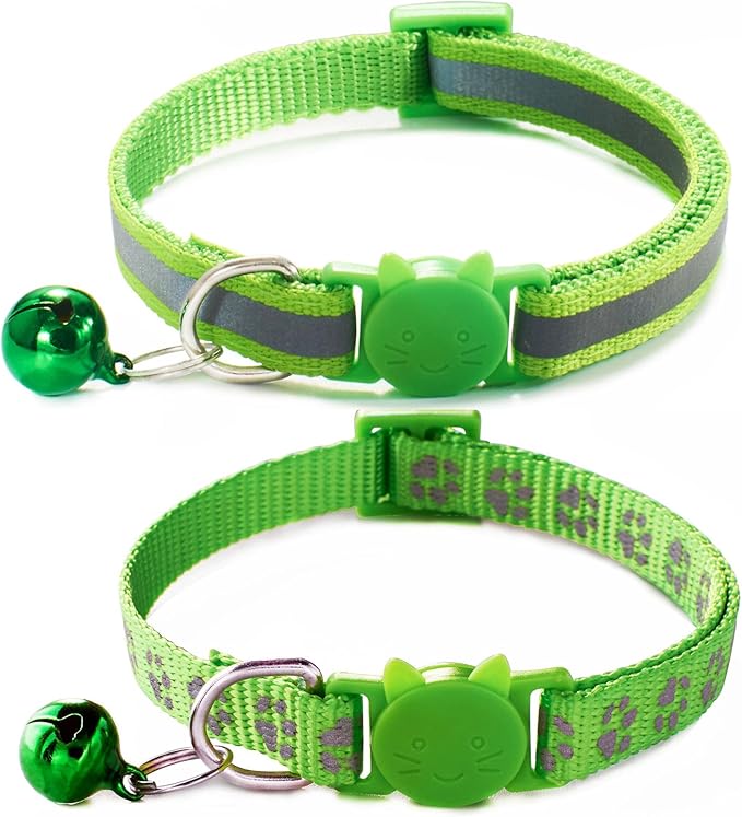 Breakaway Dog Collar with Bells, [2 Pack] Green Break Away Puppy Collar with Bells, Reflective Cat Collar for Boy Cats Kitty Kitten