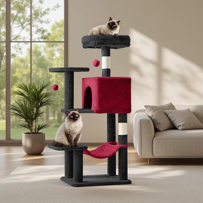 Sweetcrispy 44 inch Cat Tree Tower, Small Cat Climbing Tower with Condo, Natural Sisal Scratching Posts, Extended Platform, Hammock, Pet House for Indoor Cats and Kittens Play, Black and Red