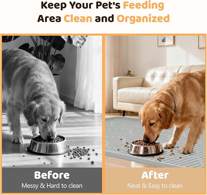 Silicone Cat & Dog Food Mat, 27" x 27" Large Pet Feeding Mat for Cats and Dogs Bowl, Pet Placemat for Food and Water with Raised Edge, Waterproof, Leakproof (Grey)