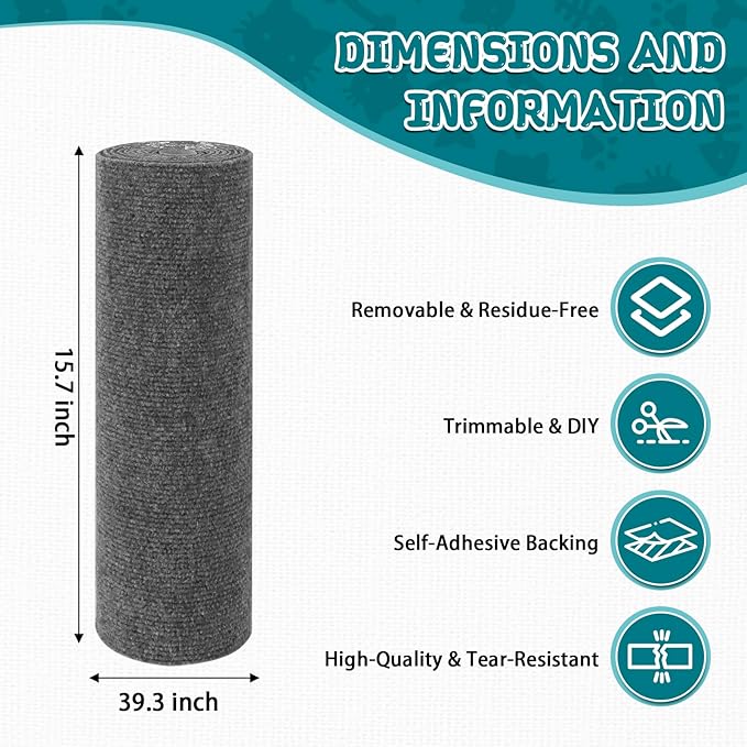 Climbing Cat Scratcher Mat Trimmable Cat Scratching Post Carpet 39.3’’x15.8’’ Self Adhesive Carpet Mat Pad Replacement for Cat Tree Shelves Post Couch Wall Furniture Steps DIY Protector (Dark Gray)