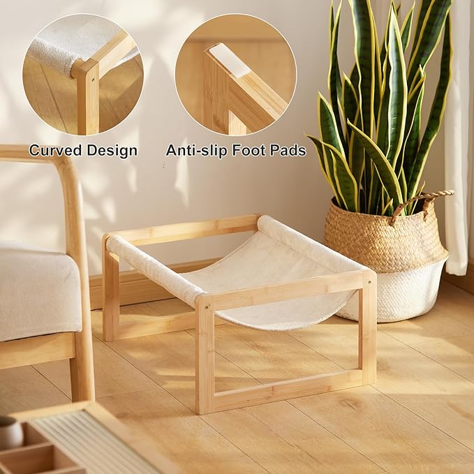 Large Cat Hammock Bed, Bamboo Wood Elevated Pet Hammock for Outdoor, 21 X 16.5 Inch Suitable for Kitty, Puppy, Rabbit, Bunny and Small Animal
