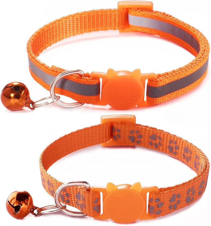 Orange Breakaway Kitten Collar with Bells, [2 Pack] Break Away Cat Collar with Bells, Reflective Cat Collar for Girl Cats Boy Kitty