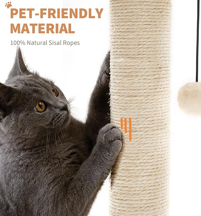 Made4Pets Cat Scratching Post Cat Scratcher Kitten Toys for Indoor Cats Wooden Ball Track Two-Layer Modern Sisal 23.4" Tall Scratch Post Interactive Toy with Dangling Ball Middle Size