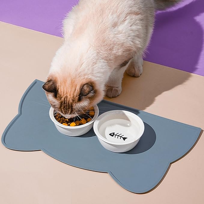 Cat Food Mat, Silicone Pet Feeding Mat for Floor Non-Slip Waterproof Dog Water Bowl Tray Cushion (20" x 12", Stone Blue)