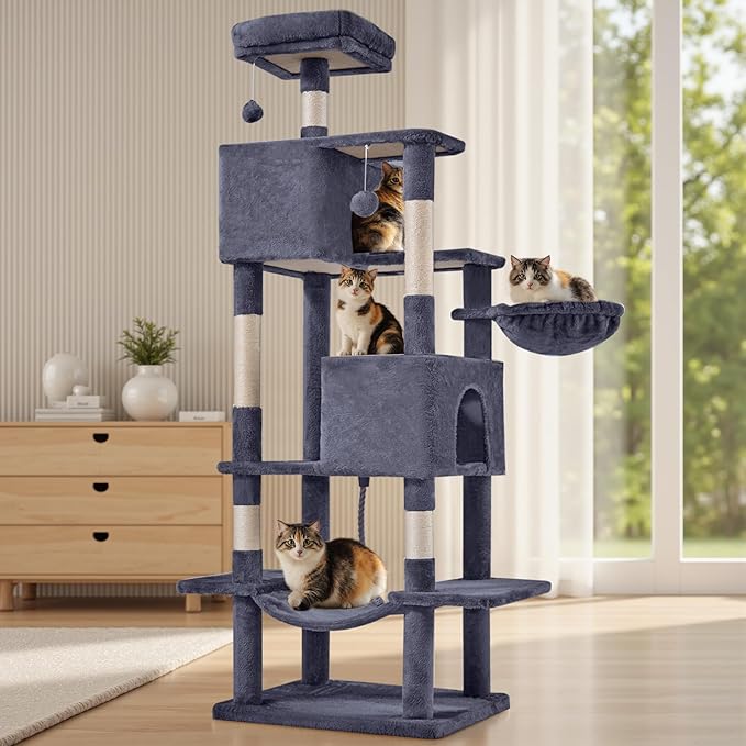 Sweetcrispy 66 inch Cat Tree Tower, Large Multi Level Cat Climbing Tower with Condo, Natural Sisal Scratching Posts, Extended Platform, Hammock, Pet House for Indoor Cats and Kittens Play, Dark Grey