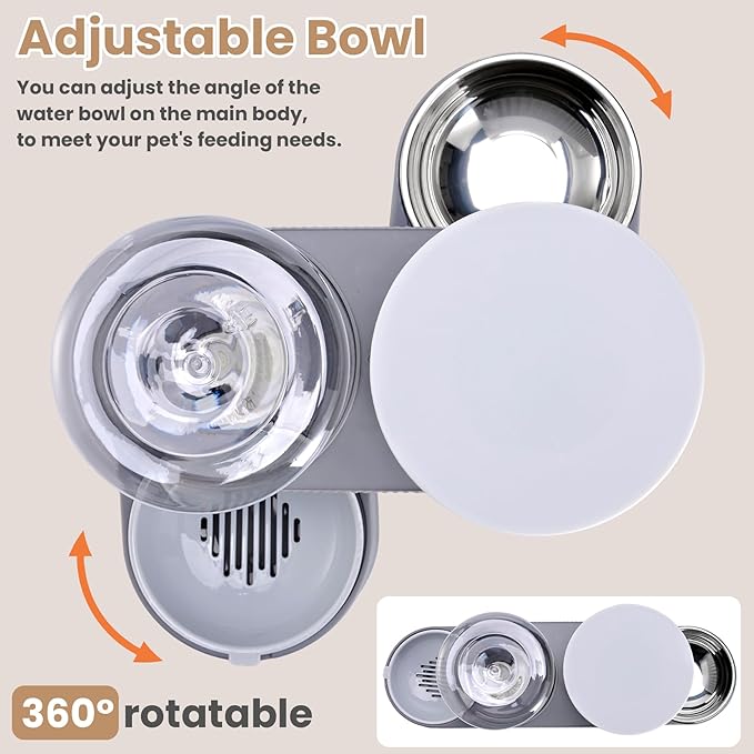 2 Pack Automatic Cat Feeder Stainless Steel Water Dispenser Gravity Food Feeder and Waterer Set with Pet Food Bowl for Small Medium Kitten Puppy Pets Large Capacity(Grey)