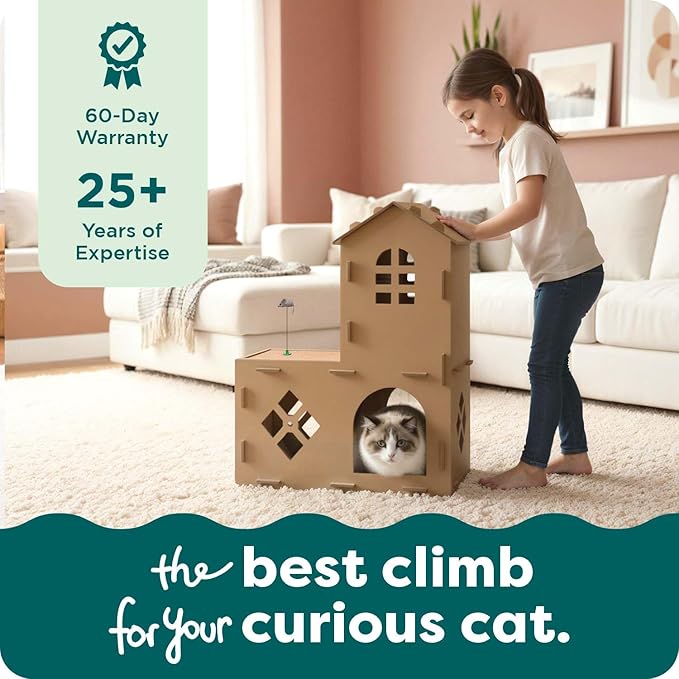 FurHaven Castle Tower Multi-Level Cardboard Cat House for Indoor Cats with Catnip & Toys, Double-Walled Corrugated Scratcher Designed for Lounging, Play & Comfort, One Size, Cardboard, Brown