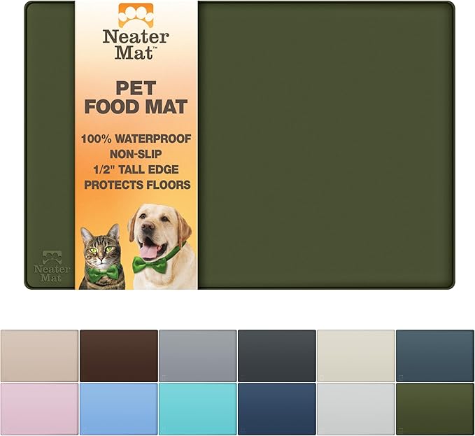 Neater Pet Brands Neater Mat Pet Mats for Food and Water, Cat & Dog Bowl Mat Waterproof Silicone, Feeding Tray, Dog Food Mats for Floors, Placemat w/Raised Edge for Under Bowls, 32" x 24", Olive