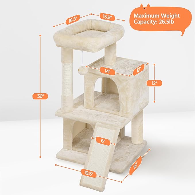 Yaheetech Cat Tree for Indoor Pets, 36in Tower Condo w/Extra Large Perch, Scratching Posts, Board, Dangling Ball, Play Structure for Kittens & Adult Cats, Beige