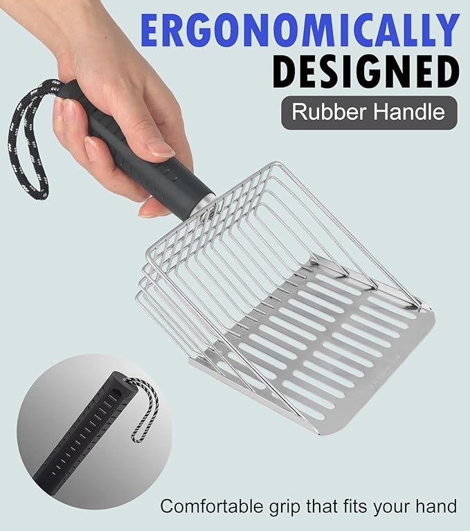Cat Litter Scoop,Solid and Durable Kitty Metal Scooper,Stainless Steel Sifter,Heavy Duty,for Litter Box,Black Rubber Handle,Included Stainless Steel Hook