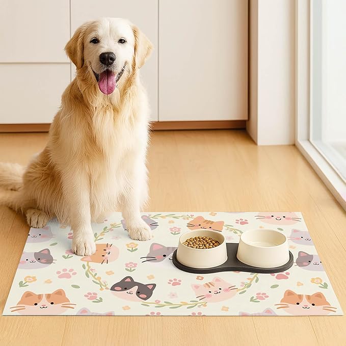 Cat Feedings Mats 20x12 inch Beige Cat Print Pet Bowl Placemat Non Slip Mat for Cats Food and Water Indoor Kitty Feeding Station Cute Cats Meal Mat for Small Pets Kitchen Floor Use