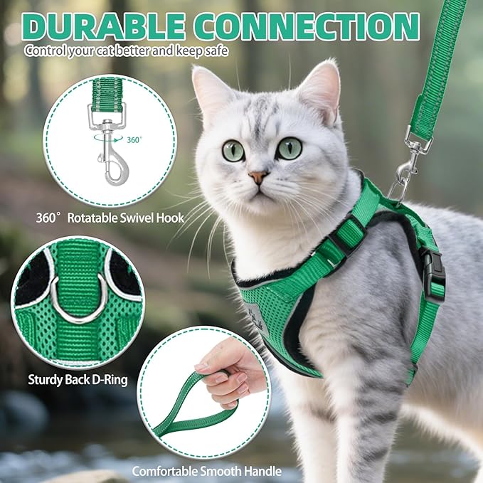 PUPTECK Cat Harness and Leash Set Escape Proof Reflective Cat Walking Harness Adjustable Soft Breathable Mesh Vest for Small Pets, Dark Green, L