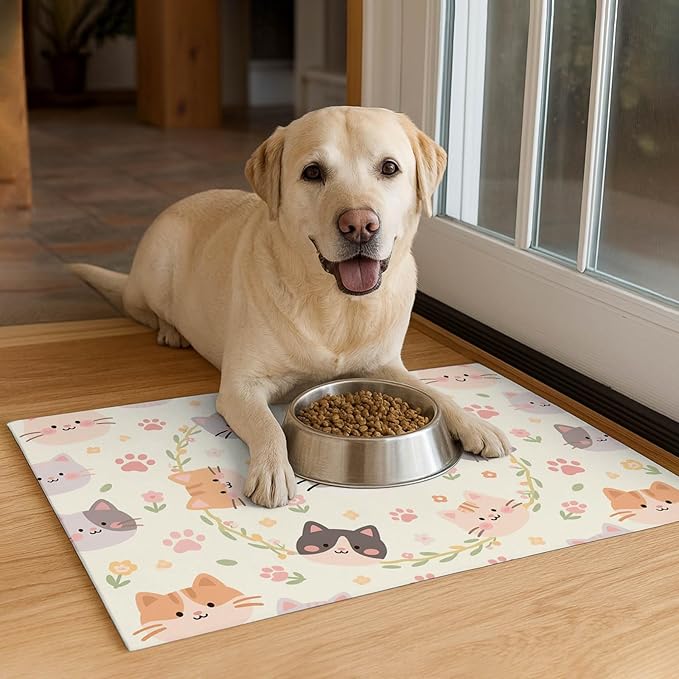 Cat Feeding Mat 24x16 inch Floral Ring Kitten Print Pet Bowl Placemat Non Slip Floor Mat for Food and Water Indoor Kitty Feeding Station Cute Meal Pad for Small Pets Kitchen Use