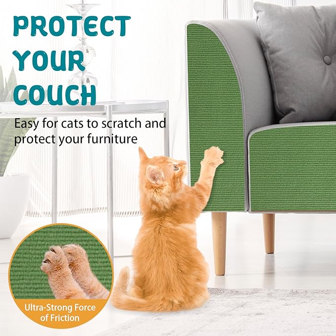 Climbing Cat Scratcher Mat Trimmable Cat Scratching Post Carpet 78.7’’x15.8’’ Self Adhesive Carpet Mat Pad Replacement for Cat Tree Shelves Post Couch Wall Furniture Steps DIY Protector (Green)