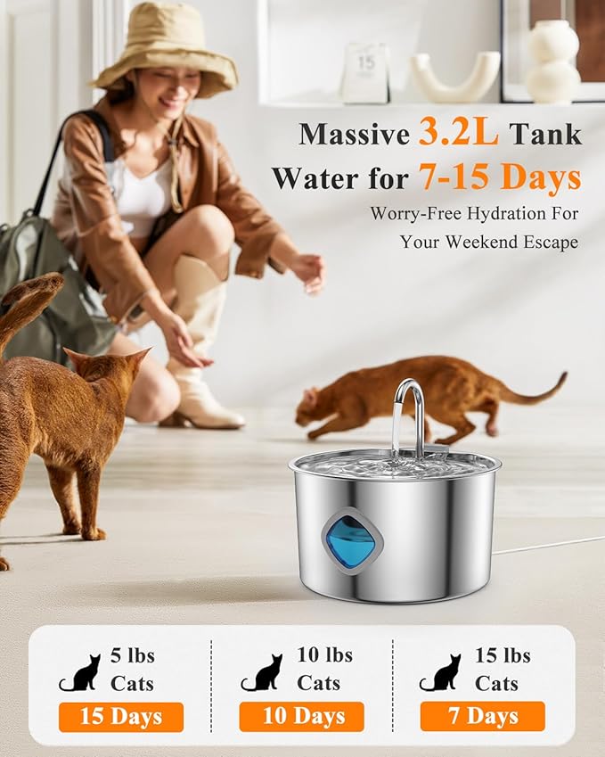 Cat Water Fountain Stainless Steel, 3.2L/108oz Automatic Pet Drinking Dispenser with Faucet & Flower Mode, Electric Metal Water Bowl for Indoor Cats S/M Dogs Pets, Quiet Waterer w/ 8 Filters & Sponges