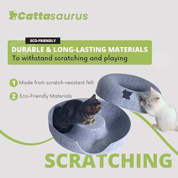 Cattasaurus Peekaboo Cat Cave Donut for Multiple & Large Cats up to 30-45 lbs, 3-in-1 Self Warming Cat Bed, Tunnel & Scratcher for Indoor Cats, Washable & Detachable Small Dog Bed (Blue, Jumbo)