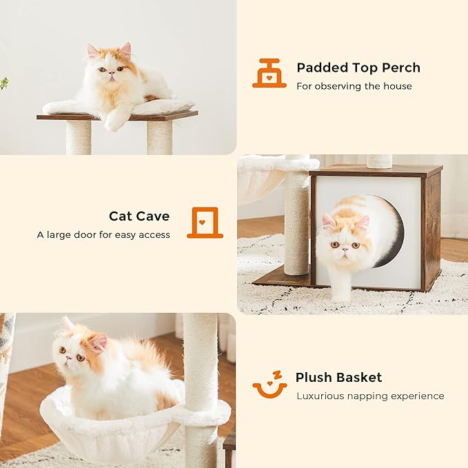 FEANDREA Small Cat Tree for Kittens, Modern Cat Tower for Indoor Cats, Cat Condo with Scratching Posts, Removable Washable Cushions, Rustic Brown UPCT122X01