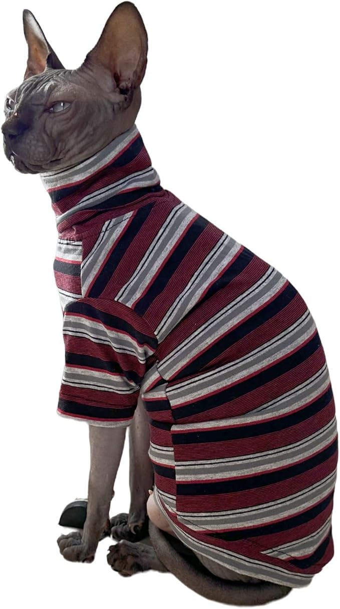 Vintage Stripes Sphynx Hairless Cats Shirt Cotton Cat Turtleneck Pet Clothes Kitten T-Shirts with Sleeves for Sphynx Cats (Old School, Large)