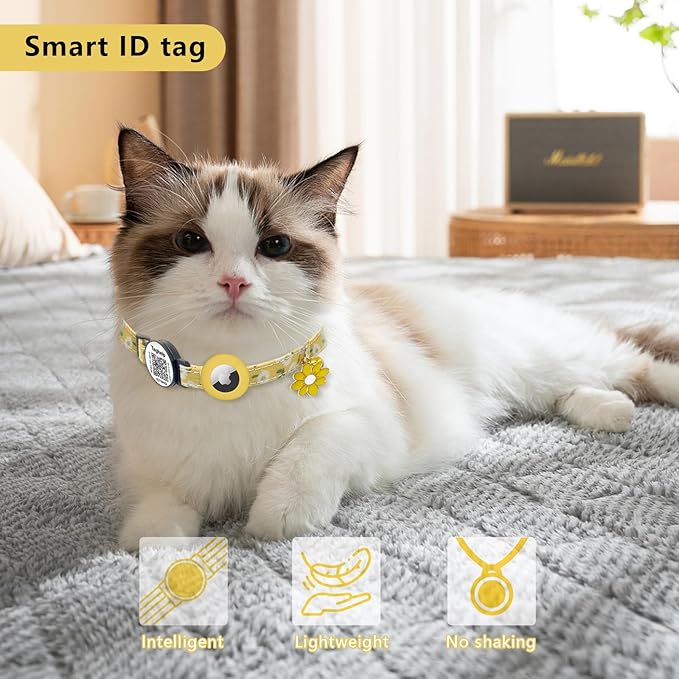 8-13in Airtag Cat Collar Lightweight and Comfortable, Bells & Flower Charm Collar Breakaway with Silicone with Apple Air Tag Holder Smart ID tag for Cats and Puppies(Purple)