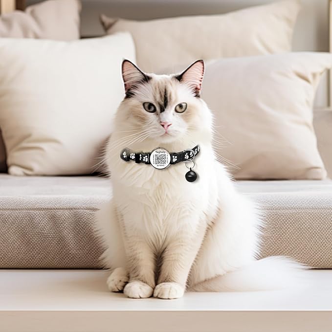 Personalized Cat Collar with Name TAG,Adjustable Tough Nylon Cat ID Collars with Bell, smaet ID Pet Name and Phone Number.NO APP | No Subscription or fees (Pink Cute paw Print)