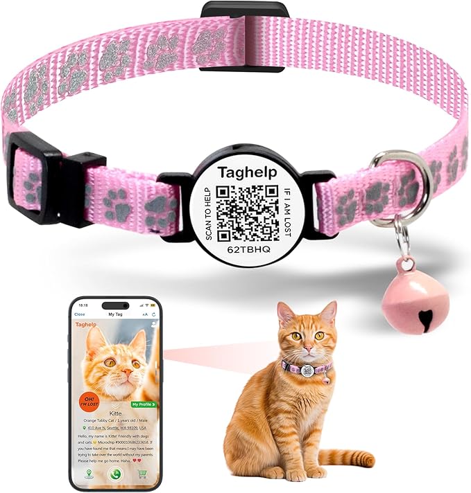 Personalized Cat Collar with Name TAG,Adjustable Tough Nylon Cat ID Collars with Bell, smaet ID Pet Name and Phone Number.NO APP | No Subscription or fees (Pink Cute paw Print)