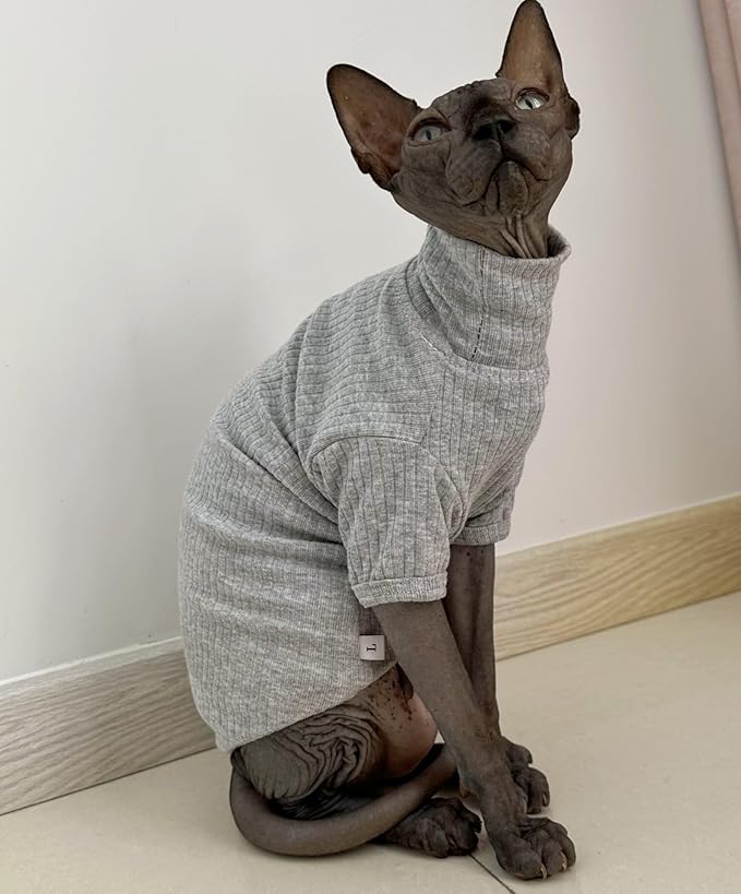 Sphynx Hairless Cats Shirt Cotton Cat Turtleneck Sweater Pullover Kitten T-Shirts with Sleeves Cat Pajamas Jumpsuit for Sphynx Cornish Rex, Devon Rex, Peterbald (Medium (Pack of 1), Light Grey)