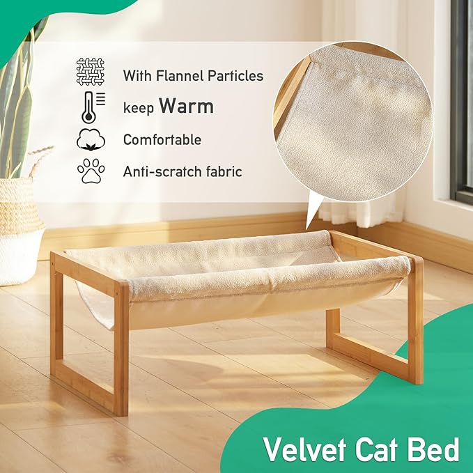 Elevated Cat Bed, Large Cat Hammock Bed, Bamboo Wood Cat Hammock for Outdoor, 25 X 16.5 Inch Elevated Pet Furniture Suitable for Kitty, Puppy, Rabbit, Bunny and Small Animal