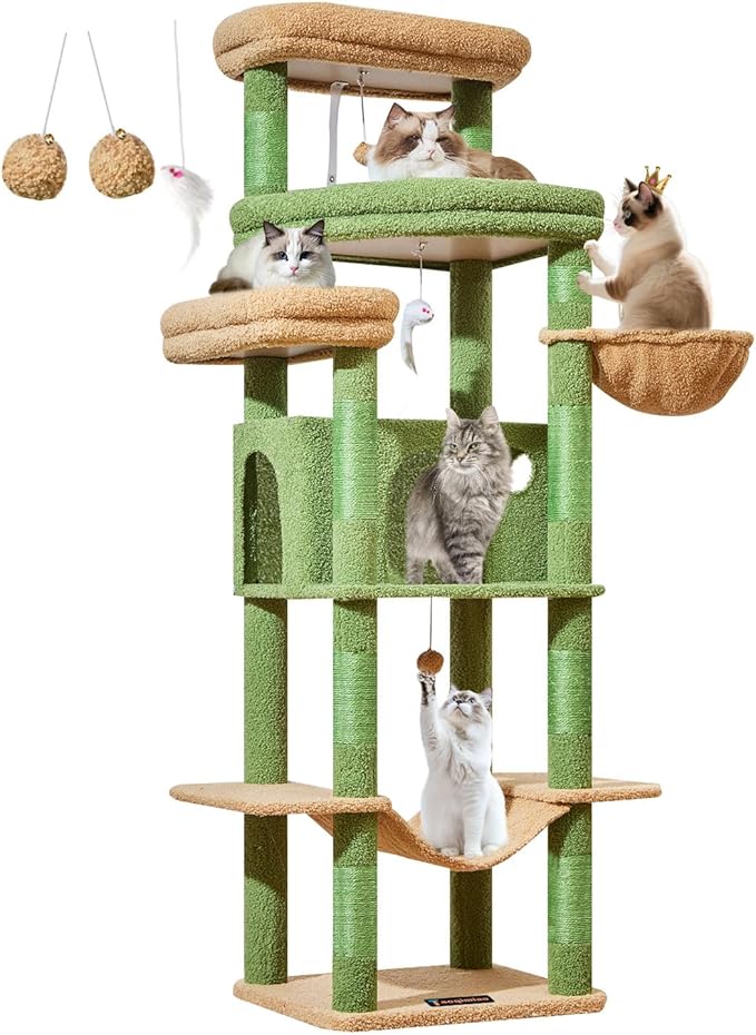 Taoqimiao 71 Inches Cat Tree for Large Cats 20lbs+, 3 Giant Perches, Multi-Level Cat Tree Tower, Widened Cat Condo with 9 Scratching Posts, Luxurious Hammcock & Basket, Cactus, MS034T