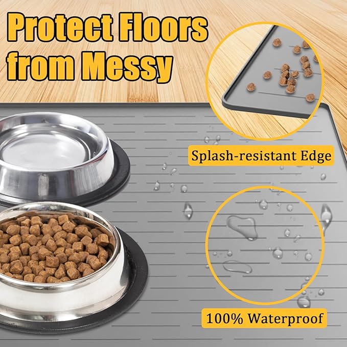 Large Dog Mat for Food and Water, 31.8"x23.8" Silicone Pet Feeding Mats, Waterproof Dog Bowl Mat with High Edges to Prevent Water and Food Spills, Dark Blue
