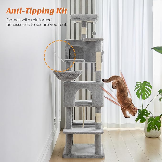 Sweetcrispy 66 inch Cat Tree Tower, Large Multi Level Cat Climbing Tower with Condo, Natural Sisal Scratching Posts, Extended Platform, Hammock, Pet House for Indoor Cats and Kittens Play, Grey