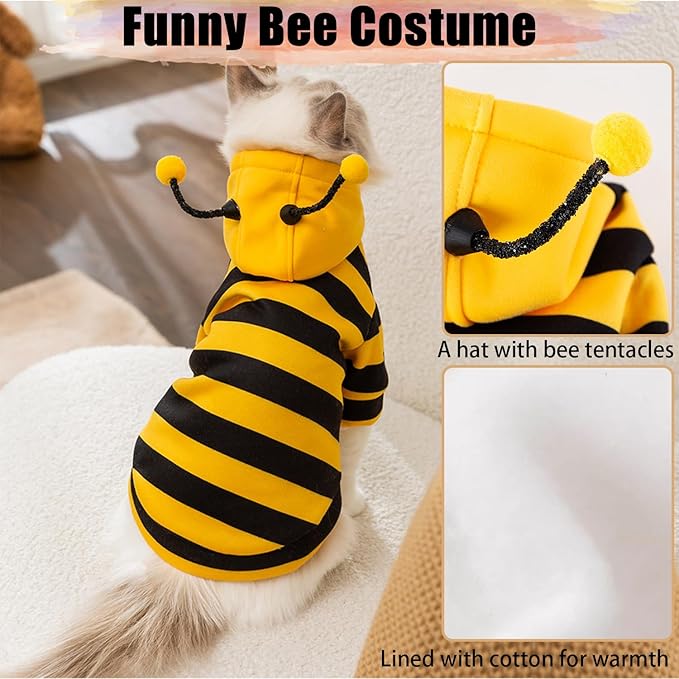 DENTRUN Sphynx Hairless Cats Costume Funny Bee Warm Winter Sweater Cute Pullover Kitten Shirts Breathable Cat Leisure Wear Turtleneck Vest Adorable Cat's Clothes Jacket Pajamas Jumpsuit, XS