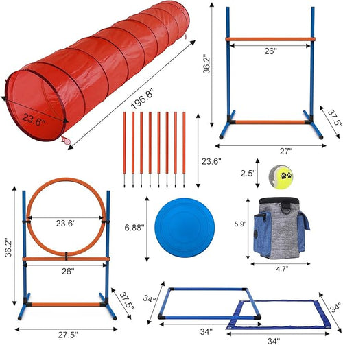 15 Piece Pets Agility Training Equipment, Obstacle Course Kit with Adjustable Dog Hoop, Dog Jump, Weave and Blind Poles, Pause Box for Outdoor Game