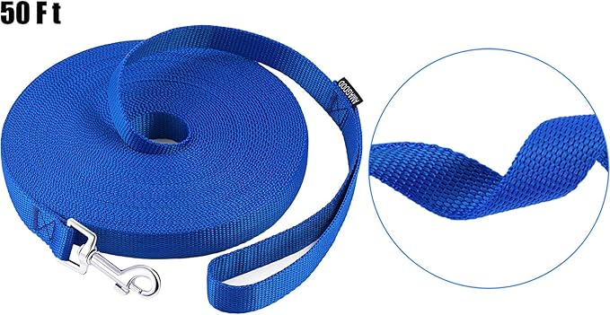 AmaGood Dog/Puppy Obedience Recall Training Agility Lead-15 ft 20 ft 30 ft 50 ft Long Leash-for Dog Training,Tie Out,Play,Safety,Camping (50 feet, Blue)