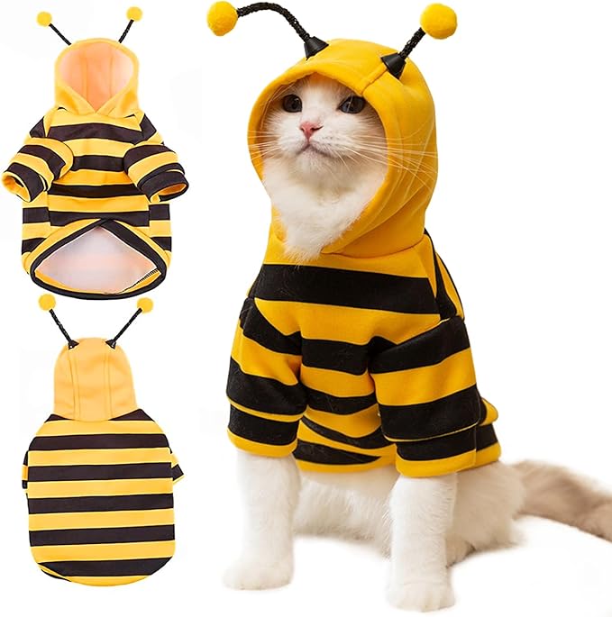 DENTRUN Sphynx Hairless Cats Costume Funny Bee Warm Winter Sweater Cute Pullover Kitten Shirts Breathable Cat Leisure Wear Turtleneck Vest Adorable Cat's Clothes Jacket Pajamas Jumpsuit, XS