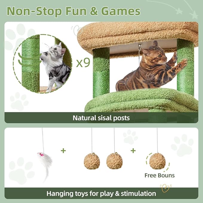 Taoqimiao 71 Inches Cat Tree for Large Cats 20lbs+, 3 Giant Perches, Multi-Level Cat Tree Tower, Widened Cat Condo with 9 Scratching Posts, Luxurious Hammcock & Basket, Cactus, MS034T