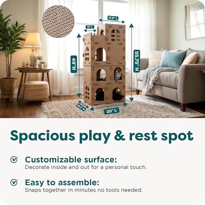 FurHaven Castle Tower Multi-Level Cardboard Cat House for Indoor Cats with Catnip & Toys, Double-Walled Corrugated Scratcher Designed for Lounging, Play & Comfort, One Size, Cardboard, Brown