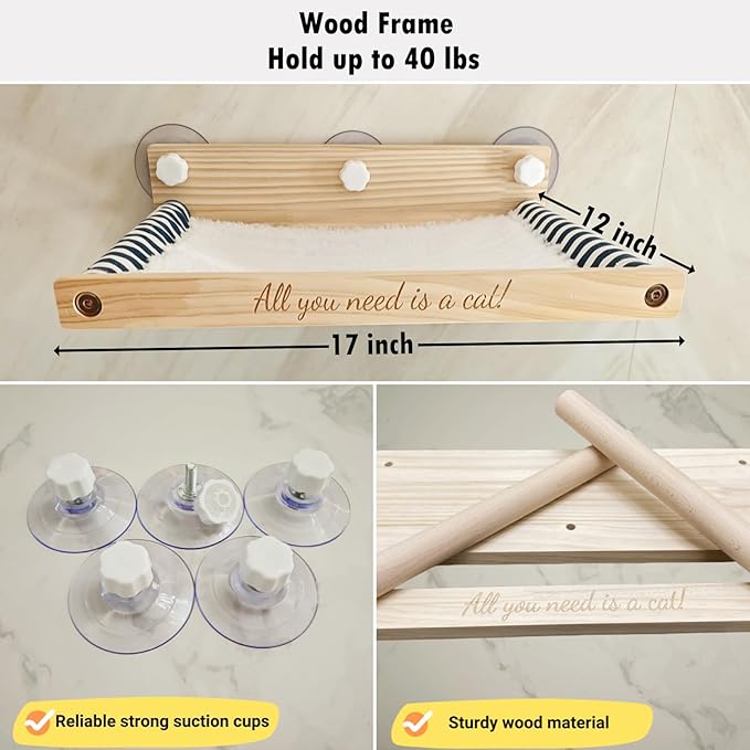 Cat Window Perch with 2 Stairs, Natural Wood, 17'' Wide Hammock, 5 Strong Suction Cups