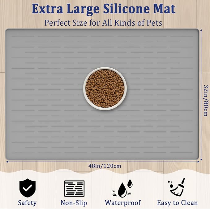 48"x32" Extra Large Pet Food Mat, 1.5MM Super Thick Silicone Dog Mats for Food and Water, XXXL Nonslip Pet Feeding Mats for Floors,Dog Cat Bowl Mat with Raised Edges, Beige