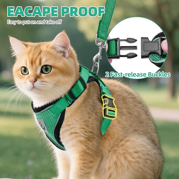 PUPTECK Cat Harness and Leash Set Escape Proof Reflective Cat Walking Harness Adjustable Soft Breathable Mesh Vest for Small Pets, Dark Green, XS