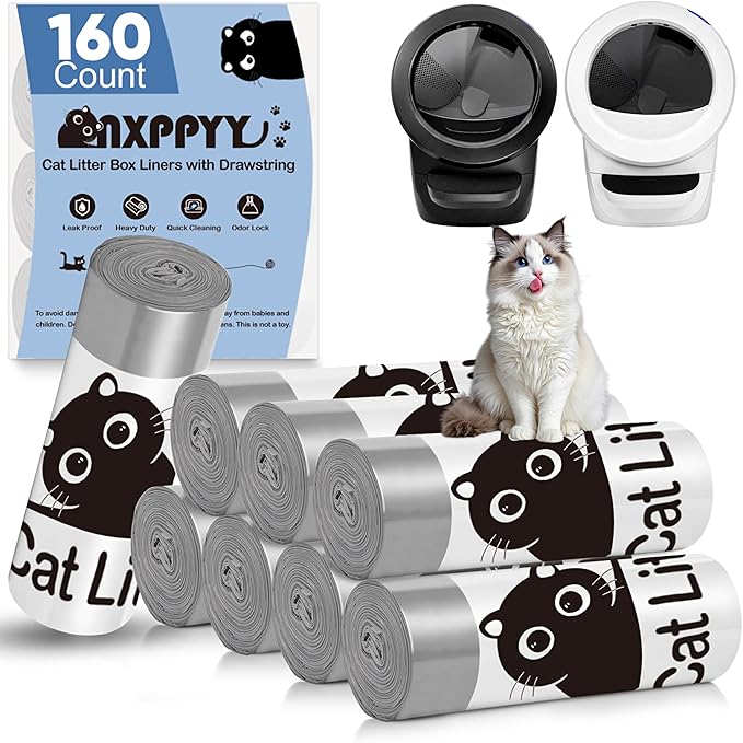 160 Count Cat Litter Box Liners for Litter Box Robot 4/5, Cat Litter Bags for Automatic Litter Box, 10-12 Gallon Heavy Duty Waste Bags with Drawstrings, 25.19" x 15.7" (Black)