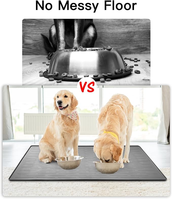 48" x 32" XXXL Largest Pet Food Mat, Silicone Dog Mats for Food and Water, Nonslip Pet Feeding Mats for Floors,Dog Cat Bowl Mat with Raised Edges, Black