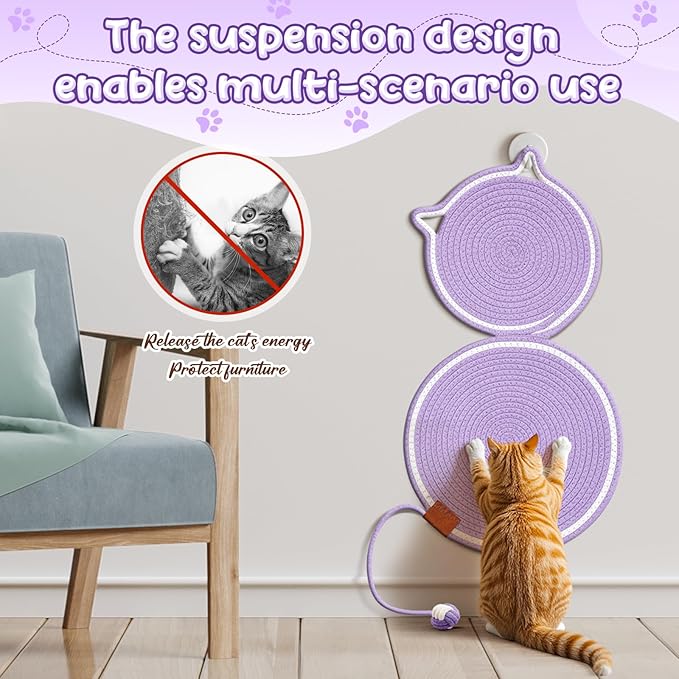 25.6 Inch Large Scratching Mat for Indoor Cats Natural Cotton Rope Flat Scratcher with Ear Hooks and Ball Toy Cat Scratch Rug Pad for Wall, Couch, Carpets, Sofas (Purple)