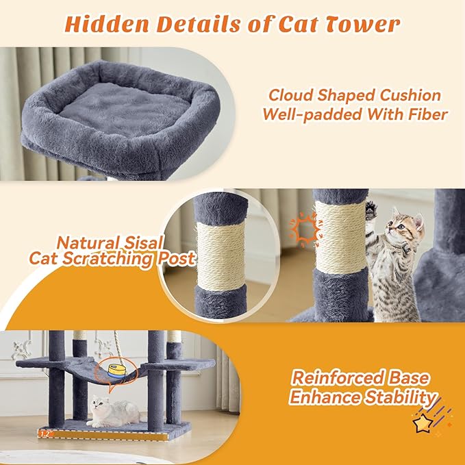 Sweetcrispy 66 inch Cat Tree Tower, Large Multi Level Cat Climbing Tower with Condo, Natural Sisal Scratching Posts, Extended Platform, Hammock, Pet House for Indoor Cats and Kittens Play, Dark Grey
