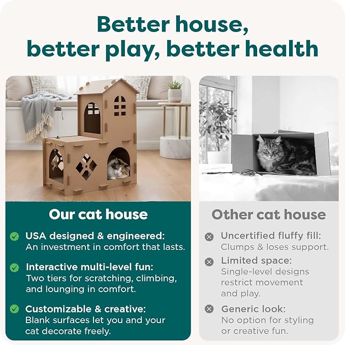 FurHaven Castle Tower Multi-Level Cardboard Cat House for Indoor Cats with Catnip & Toys, Double-Walled Corrugated Scratcher Designed for Lounging, Play & Comfort, One Size, Cardboard, Brown