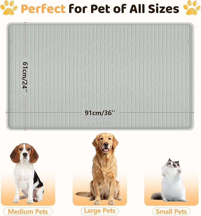 Silicone Cat & Dog Food Mat, 36" x 24" Large Pet Feeding Mat for Cats and Dogs Bowl, Pet Placemat for Food and Water with Raised Edge, Waterproof, Leakproof (Grey)