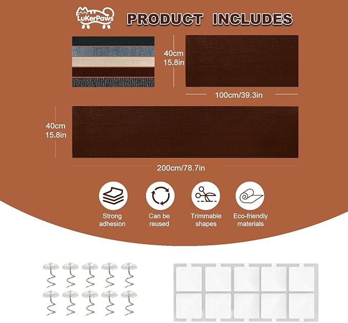 Cat Scratch Mat, Self-Adhesive Trimmable cat Scratch Furniture Protector for Couch, cat Scratch pad，cat Tree，DIY Climbing Carpet for Cat Tower Replacement Pads (Brown, 39.4" x 15.8")