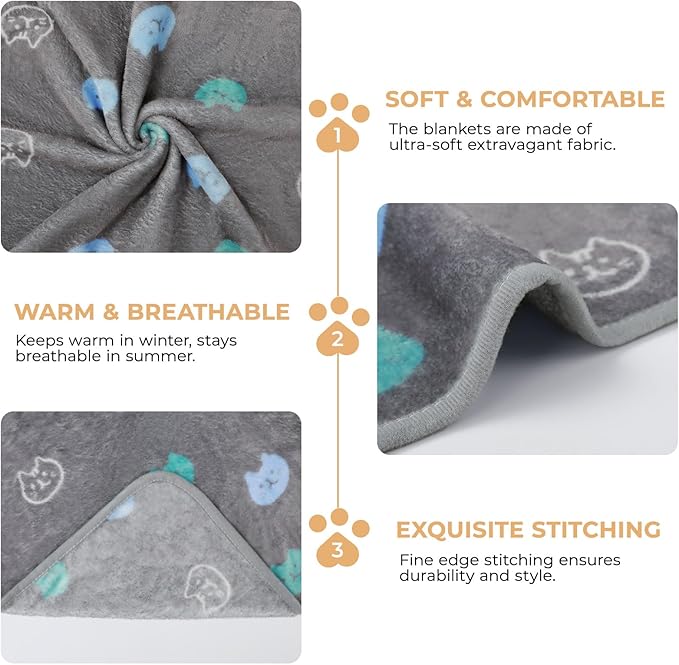 1 Pack 3 Blankets Super Soft Fluffy Premium Cute Cat Pattern Pet Blanket Flannel Throw for Dog Puppy Kitten Blue/Cyan/Grey Small(23x16 inch)