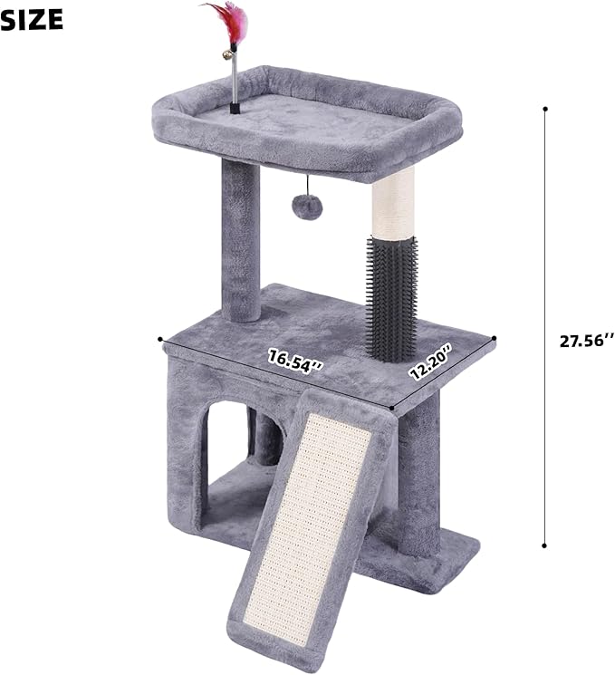 Cat Tree with Self-Grooming Brush and Interactive Toys, Cat Tree Tower for Indoor Cats, Cat Tower with Sisal Scratching Post and Scratching Pads, Cat Condo with Padded Perch, Grey