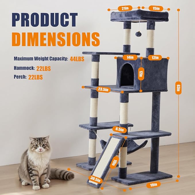 Sweetcrispy 63 inch Cat Tree Tower, Large Multi Level Cat Climbing Tower with Condo, Natural Sisal Scratching Posts, Extended Platform, Hammock, Pet House for Indoor Cats and Kittens Play, Dark Blue