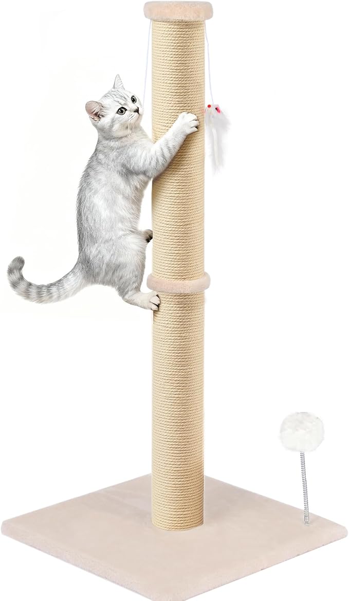 36 Inch Tall Cat Scratching Post – Sisal Cat Scratcher for Indoor Cats, Large Vertical Scratch Post, Sturdy Cat Scratch Pole Tower, Modern Cat Furniture for Kittens & Adults (Beige)
